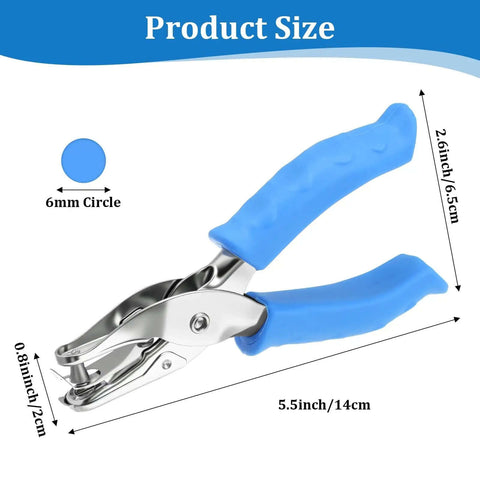 6mm circle punch from 12 Piece Handheld One Quarter Inch Hole Punch Set With Grip Handles for crafters, blue handle, size details