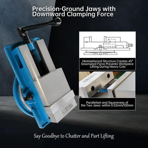 Hardcore Shop Beast 8 Inch Milling Vise With 7.9 Inch Jaw Width And 360 Degree Swivel Base Heavy Duty Cast Iron CNC bench clamp with precision-ground jaws.