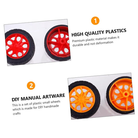 8 Pack Toy Car Wheels Set With Anti Skid Plastic Tires For RC Cars And Model Toys, orange and red wheels shown.
