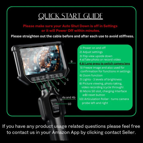 Dual Lens Articulating Borescope With Built In Light For Mechanics And Plumbing, 6mm Camera Snakes, 5Ft Reach, Two Way Viewing Endoscope For Automotive And Industrial Inspections quick start guide