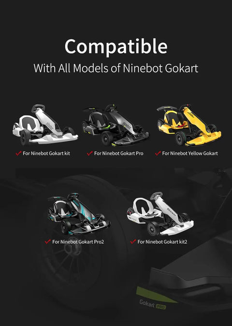 Front Wheel Assembly For Segway Ninebot GoKart Kit Pro And Pro2 Compatible Gokart Front Wheel Replacement Set 2 Pack With Durable Rubber Treads Enhanced Traction And Simple Refitting For All Gokart Models, showing compatibility with Ninebot GoKart models.