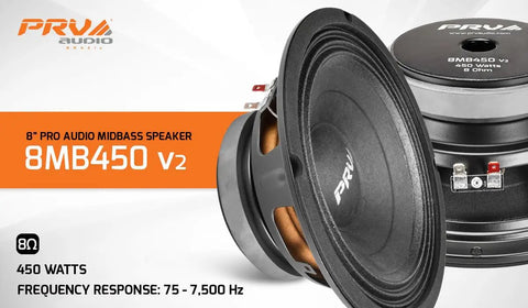 8 Inch Midbass Speaker 8MB450 V2 Pair, 450 Watts, 8 Ohm, Two Inch Voice Coil, High Output Pro and Car Audio Loudspeakers Bundle