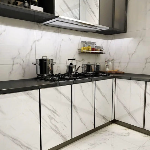 White Marble Peel And Stick Contact Paper 24 Inch Wide By 200 Inch Long Waterproof Vinyl Wrap For Kitchen Countertops Cabinets And Furniture Easy DIY Quick Install Glossy Marble Finish applied on kitchen cabinets