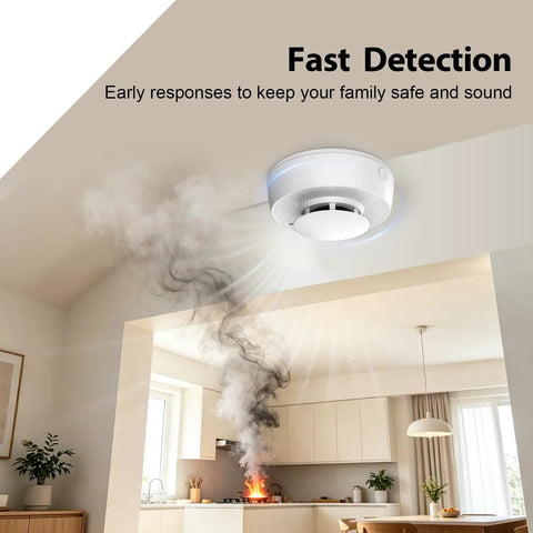 Kickin Butt Fire Alarm Smoke Detector With Smart Photoelectric Tech Ten Year Power Guarantee Set Of Five White Units For Home Base Wall Mount Fast Install Mute Switch Reliable Vibes Keep Your Crew Safe Always Alert Top Tier Choice For Modern Homes mounted on ceiling detecting smoke from kitchen fire.
