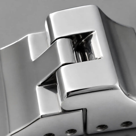 Close-up view of 316 Stainless Steel Heavy Duty Hinge With Broad Mounting Plates Polished Finish for sunroom roofs and RV campers.