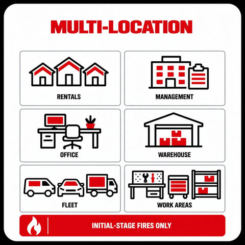 Multi-location fire safety image showing use for rentals, management, office, warehouse, fleet, and work areas for initial-stage fires.