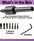 MT3 Shank Rotary Broach Set With 7 Piece HSS Square Punches for precision self centering holes, pre drill ready, M12x1.75mm thread