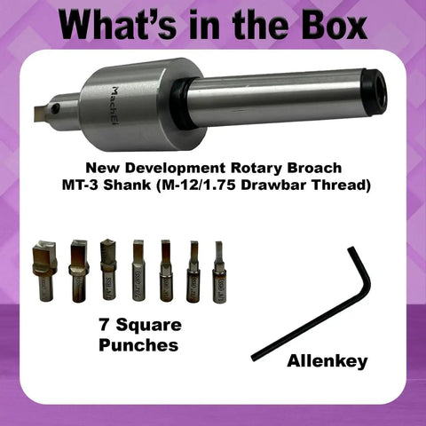 MT3 Shank Rotary Broach Set With 7 Piece HSS Square Punches for precision self centering holes, pre drill ready, M12x1.75mm thread