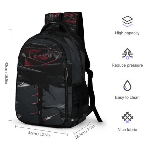 Dope Thorned Rose Bloom Printed Unisex Backpack With Large Capacity Durable Polyester Daypack Breathable Design Smooth Zipper Ideal For School Travel