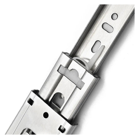 Close-up of Rock Solid Heavy Duty Soft Close Drawer Slides Kit for Cabinets and Furniture, stainless steel roller track.
