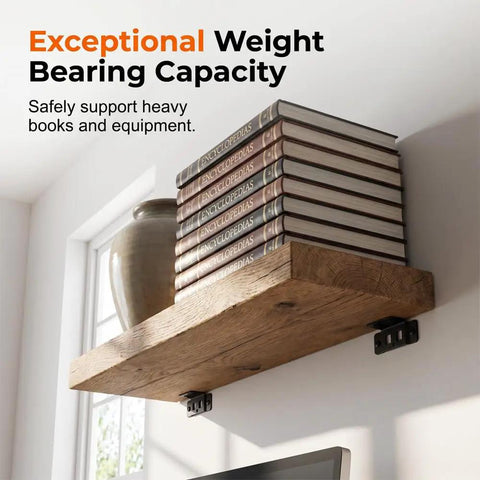 Shelf secured with Beefy Black Angle Furniture Corner Brackets 16 pack for cabinets tables and drawers strengthen joints quick screw on brace set heavy duty metal L braces for DIY repair and reassembly, holding books and a vase