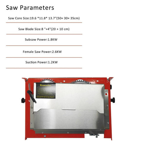 Heavy Duty 220 Volt Table Saw With Rugged Stand For Woodworking Crews Featuring Smooth As Silk 45 Degree Bevel Cuts And A Badass Sliding Table Extension Paired With A No Sweat Dust Collection Bag To Keep Your Shop Sweet And Grit Free, showcasing saw parameters including saw core and blade size.
