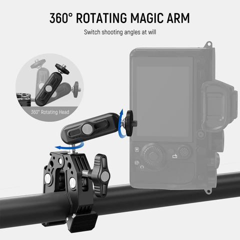 Workhorse Heavy Duty Super Clamp with 3 Inch Dual Ballhead Magic Arm and Cold Shoe attached to camera on a bar