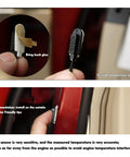 Shkalacar digital car thermometer and voltmeter with external temp sensor; shown with sensor mounted on car pillar.