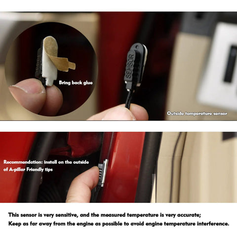Shkalacar digital car thermometer and voltmeter with external temp sensor; shown with sensor mounted on car pillar.