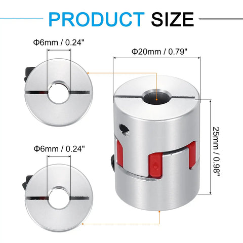 Aluminum Shaft Coupler 6mm To 6mm Flexible Spider Coupling L25mm X D20mm For 3D Printers CNC with size measurements