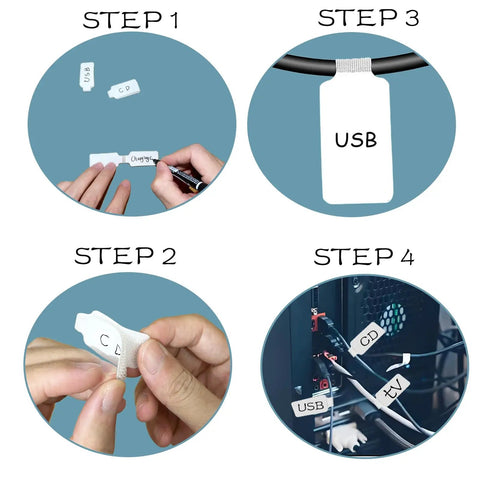 Pro Grade Cable Label Kit With Reusable Hook And Loop Ties, No Fuss 60 Piece Set Showing Labeling Process In Four Steps