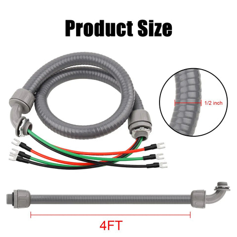 Half Inch AC Whip Assembly Kit Four Foot With Terminal Non Metallic Liquid Tight Conduit And 10/3 THHN Wire size diagram