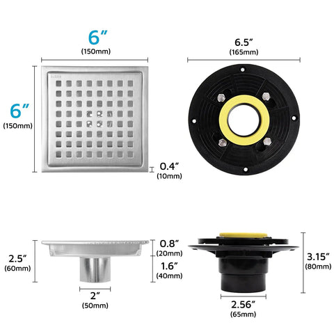 Six Inch Square Shower Drain In Brushed Nickel Featuring A Leak Proof Flange And Removable Grate dimensions and views with measurements.