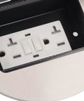 Heavy Duty Stainless Steel Round Recessed Floor Outlet With Dual Three Prong Sockets, featuring dual outlets and reset test buttons.