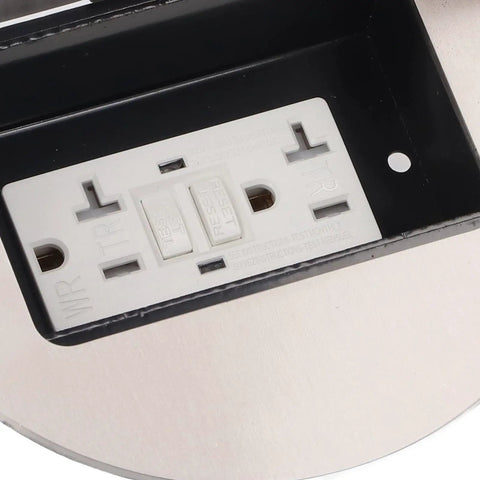 Heavy Duty Stainless Steel Round Recessed Floor Outlet With Dual Three Prong Sockets, featuring dual outlets and reset test buttons.