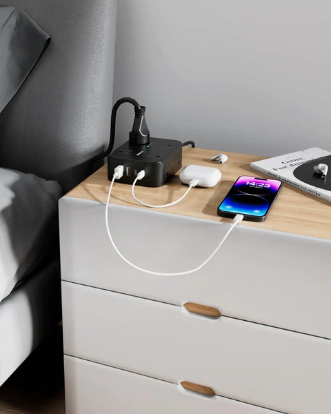 12 In 1 Power Strip With USB C And USB A Ports 8 Outlets 4 USB Ports Flat Plug Wall Mount Surge Protector For Home Office Desk Setup Ready To Rock Your Space With Overload Safety on bedside table charging phone and earbuds