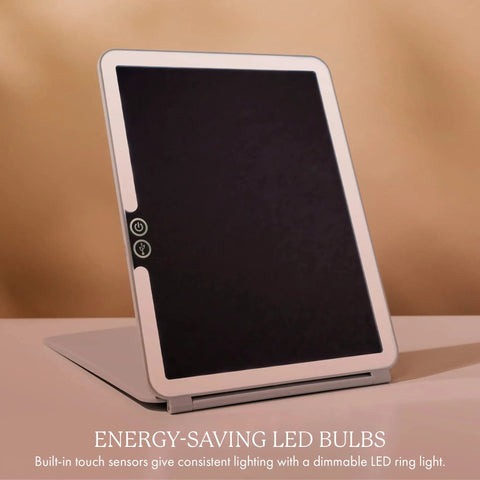 Your Go To LED Travel Vanity Mirror With 3 Color Ring Light For Consistent Lighting Dimmable Brightness Handheld Portable Design