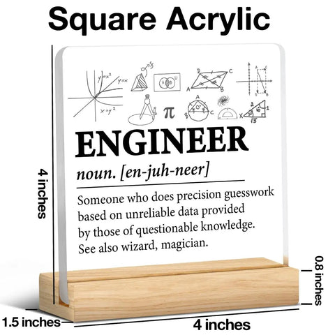 Engineer Definition Acrylic Plaque With Wooden Stand 4x4 Inch Square Cool Desk Sign Modern Clear Engineering Decor For Home Office Tabletop Gift Idea Perfect Gift For Any Desk displaying engineering definition and diagrams