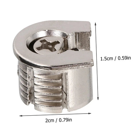 Heavy Duty Eccentric Cabinet Connectors And Screw In Dowel Pins Dead Nuts, silver metal connector measuring 2cm for furniture assembly.