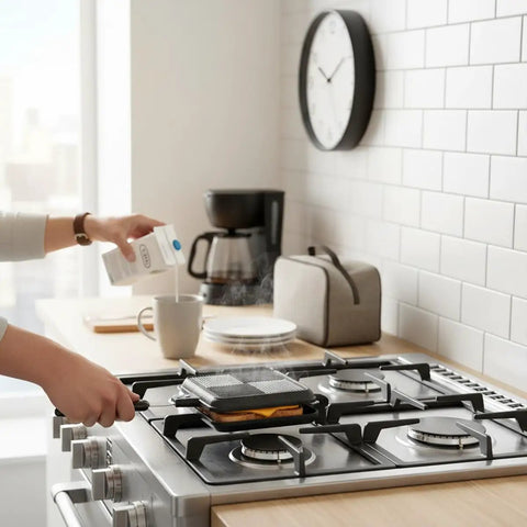 Elsjoy Stovetop Toasted Sandwich Maker Press on stove, aluminum flip pan in use for breakfast preparation, steaming sandwich.