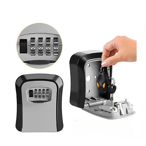 Durable 4 Digit Combination Code Lock Storage Box showing key insertion and code dial for secure wall mounting.