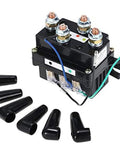 Universal 12V 500A Winch Solenoid Relay Contactor unit with marine-grade build and protective covers for vehicle winches and ATVs.