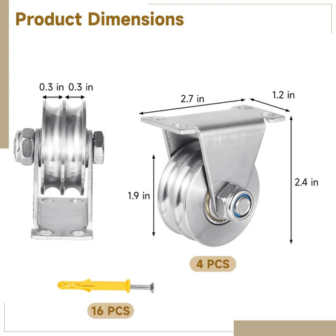 4 Pack Stainless Steel Double Groove Wheel Pulley Block With U Groove Wall Mount Silent Lifting Pulley Kit Screws Included Ideal For DIY Gym Equipment Sliding Gate Clothesline And Heavy Load Uses dimensions shown, 48 mm pulley