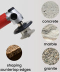 One And A Quarter Inch Full Bullnose Diamond Profile Wheel For Hand Grindin And Polishin Granite Marble And Concrete Shape V 40/50 Grit Five Eighth Inch Thread Vacuum Brazed For Long Lastin Polish And Edge Shaping product image showing a tool with concrete, marble, and granite samples.