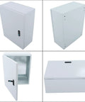 Collage of 16 By 8 By 20 NEMA 4X electrical junction box showing front, side, open view, and top, rugged steel enclosure with dual key lock