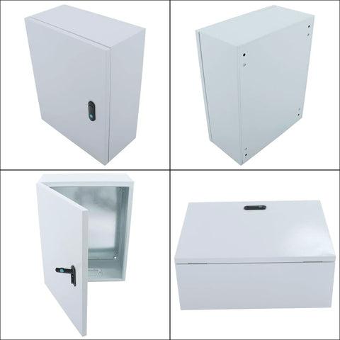 Collage of 16 By 8 By 20 NEMA 4X electrical junction box showing front, side, open view, and top, rugged steel enclosure with dual key lock
