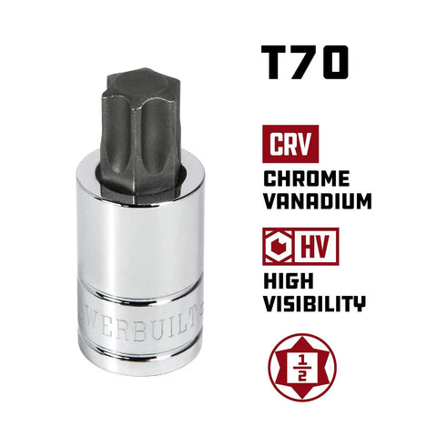 Torx T70 Star Bit Socket 1/2 Inch Drive High Visibility Size Markings S2 Chrome Vanadium Steel Beefy Rugged Tool Meets ANSI Standards Lifetime Warranty Professional Grade