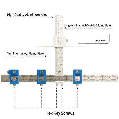 Heavy Duty Aluminum Cabinet Hardware Jig And Precision Drill Guide Sleeve showing aluminum alloy components and ruler measurements.