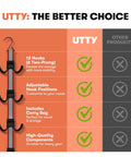 Comparison chart of multipurpose portable hanging rack for hockey gear and sports gear with six adjustable hooks.
