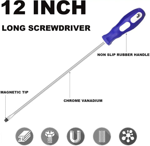 Extra Long 12 Inch Slotted And Phillips Screwdriver With PH2 Cross Head And Flat Blade For Hard To Reach Areas, Stable Pressure For Easy Screwing, Chrome Vanadium Steel With Heat Treated Rubber Grip, Durable High Hardness Tool