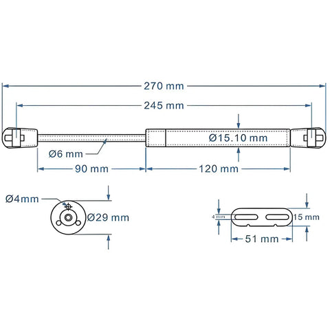 Diagram of Heavy Lid Gas Struts Pair, 200N 44lb Per Strut, Soft Open Gas Springs showing dimensions and specifications.