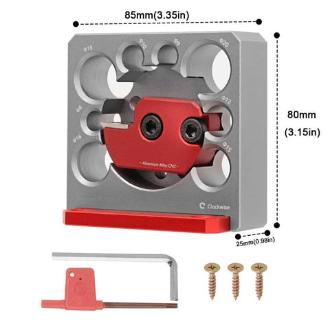 Front view of Adjustable Dowel Maker Jig for Drill Milling 8 To 20 Mm Holes, aluminum, with carbide blade and accessories.