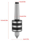 MT2 lathe live center with knurled black-silver body and conical tip, front view