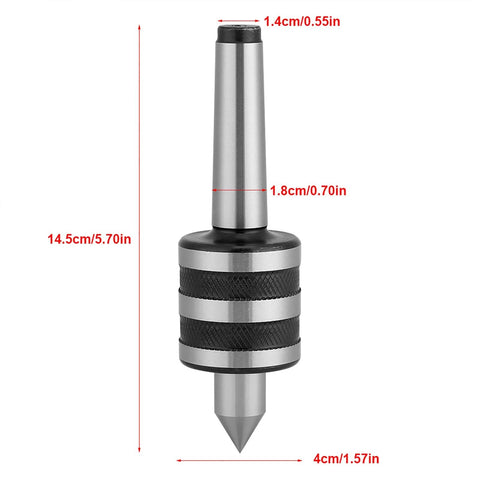 MT2 lathe live center with knurled black-silver body and conical tip, front view