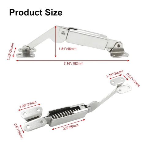 Two Pack Heavy Duty Spring Lid Support Hinges For Left And Right Doors, Nickel Plated Iron Rust Resistant, product size.