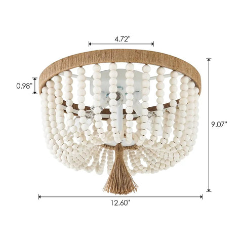 Boho Wood Beaded Flush Mount Ceiling Light Three Light Mini Round Chandelier White For Bedroom Kitchen Island Entryway Rustic Antique Farmhouse Vibe Style