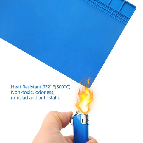 Demonstrating heat resistance of Heat Resistant Soldering Mat Silicone Repair Pad 932F 16x12 Inch Blue Workbench Pad with flame test.