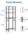 Four Tier Over The Toilet Storage Rack Bathroom Organizer Shelves Above The Toilet Freestanding Adjustable Height Space Saver Black Perfect For Small Bathrooms And Fits In Tight Spaces With Removable Hooks And Ample Storage shown with dimensions and adjustable features.
