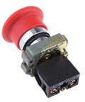 Red 22mm NC emergency-stop push-button switch with metal mounting collar and black base.
