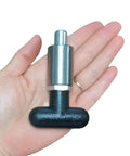 Beefy Three-Eighths Inch Spring-Loaded Pull Pin With T-Handle, steel plunger dowel pin held in hand for size reference